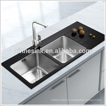 Fregadero de cocina de acero inoxidable superior de vidrio, fregadero de cocina de vidrio templado de acero inoxidable con tablero de drenaje